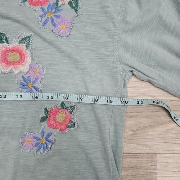 UMGEE Womens Pastel Green Floral Patch Wide Flowy Sleeve Knot Cotton Shirt Small - Picture 6 of 9